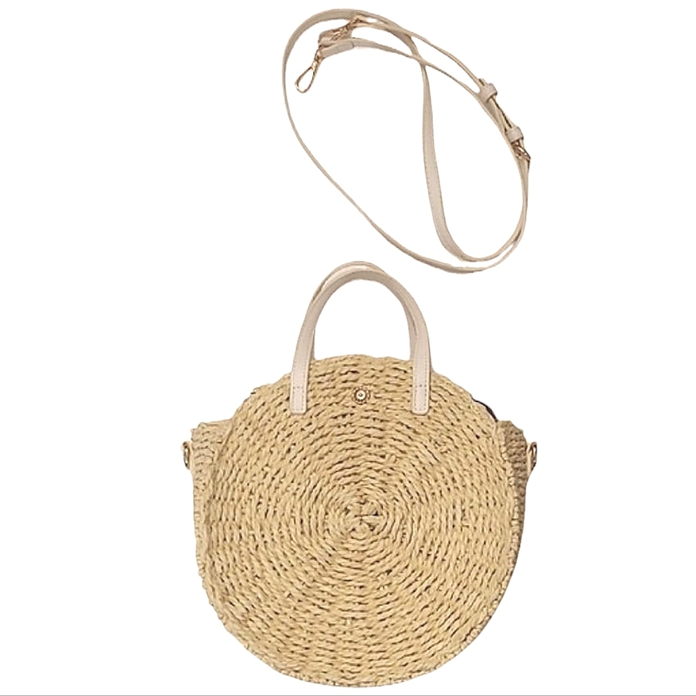 LC Lauren Conrad Straw Circle Handbag Shoulder Canteen Handle Tote Cookie Bag